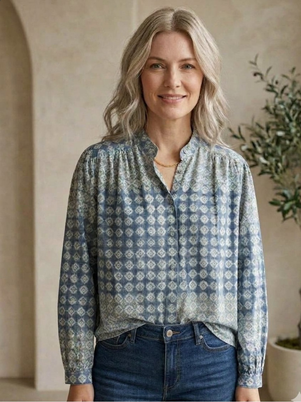 Umber & Ochre Sabrina Top Engineered Tile Block Print Top Indigo Blue Blouse NWT